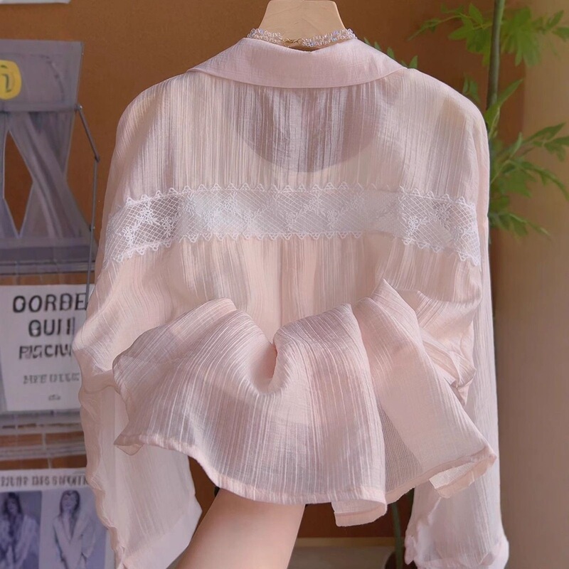 Blue Polo Collar Thin Sun Protection Shirt Women's Top Summer New Style Lace Splicing Light and Breathable Cardigan Shirt