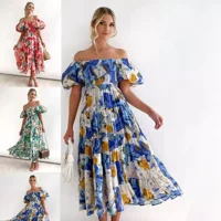 2023 Новый AliExpress Европейская и американская внешняя торговля взрывы квадратный воротник рукав фонарик с высокой талией Свободное длинное платье на плечах