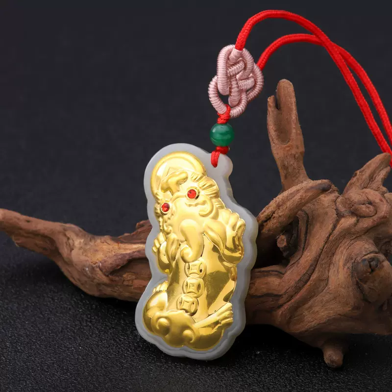 2021新款和田玉镶金 足金镶和田玉3D金镶玉 带钻貔貅项链