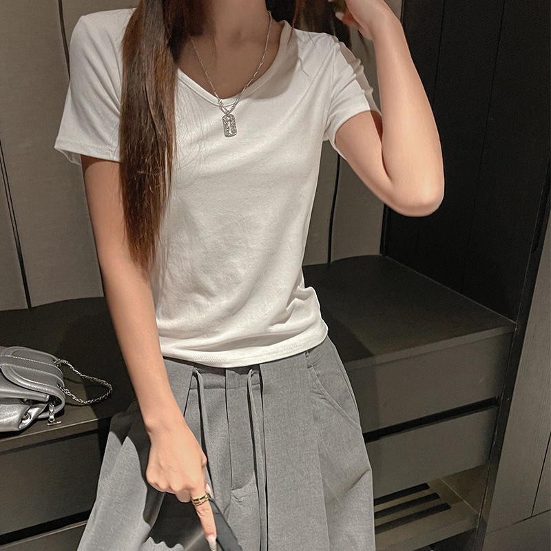 Summer New V Neck Basic Right Shoulder Short-Sleeved T-Shirt for Women Pure Color Design Niche Casual Versatile Bottoming Shirt