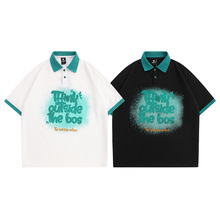 跨境春夏新款日系撞色印花短袖POLO衫男潮牌复古宽松情侣休闲体恤