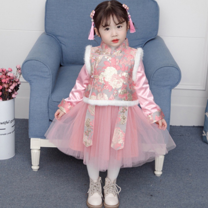 女童冬裙儿童拜年服加厚喜庆汉服古装风冬季新款公主裙格格服过年|ru