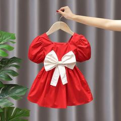 Children's Summer Dress 2024 New Red Baby Girl Fashion Popularity Children Butterfly Knot Princess Dress