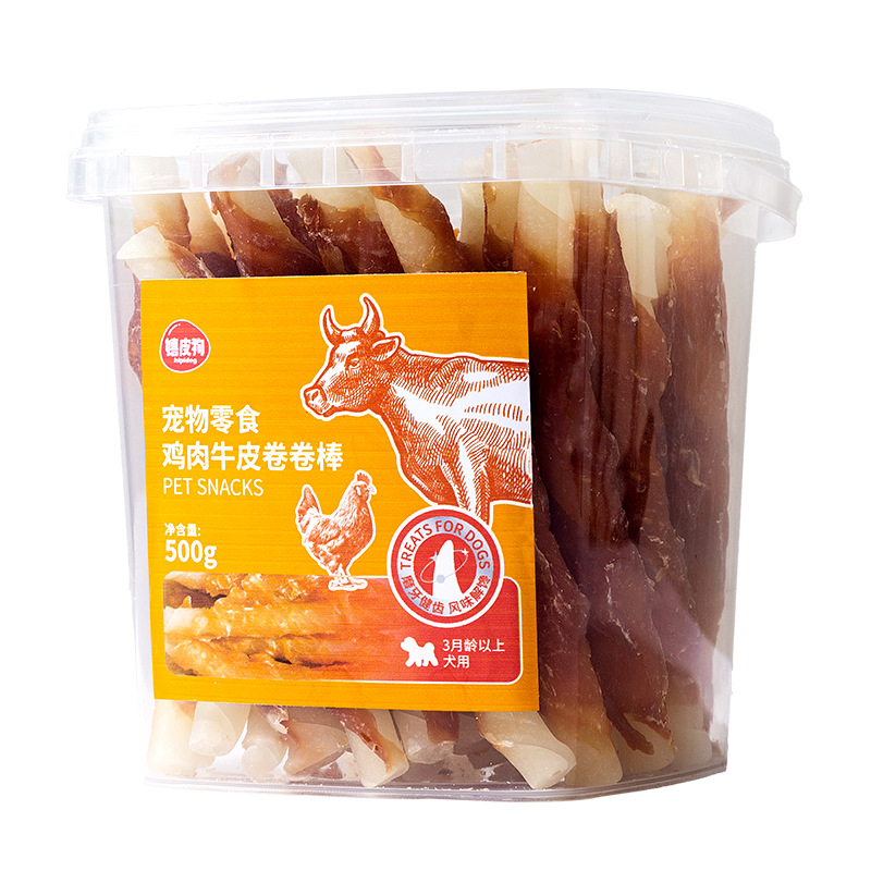 Perro de gran capacidad serie de barril de cuero de vaca secado rollo de dientes de molienda palillos para perros bocadillos de perros pequeños y medianos alimentos para mascotas resistentes a la mordida