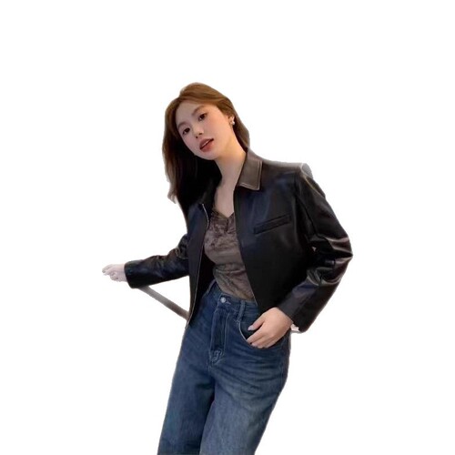 Ladies' Collarless Short Style Fashion PU Leather Jacket New Motorcycle Top Coat