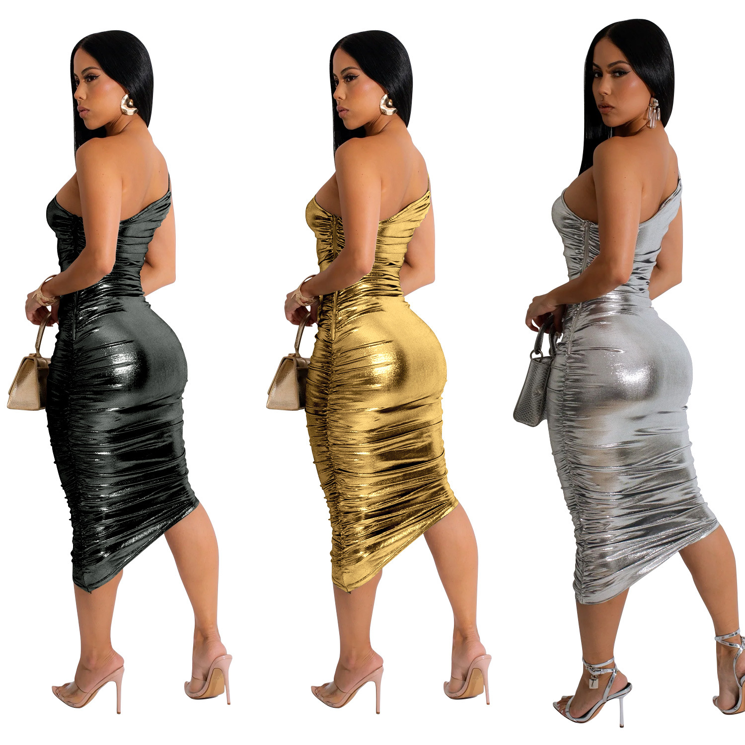 C6738 transfronteriza AliExpress Amazon moda europea y americana ropa de mujer color sólido sexy Sling cuello oblicuo vestido plisado