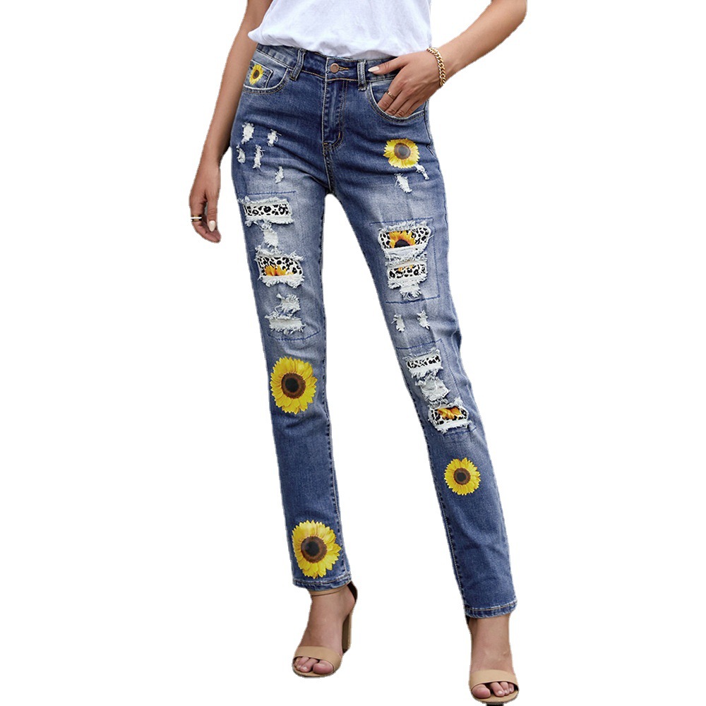 跨境印花破洞牛仔裤女欧美外贸新款植物印花里贴高腰小脚九分裤女