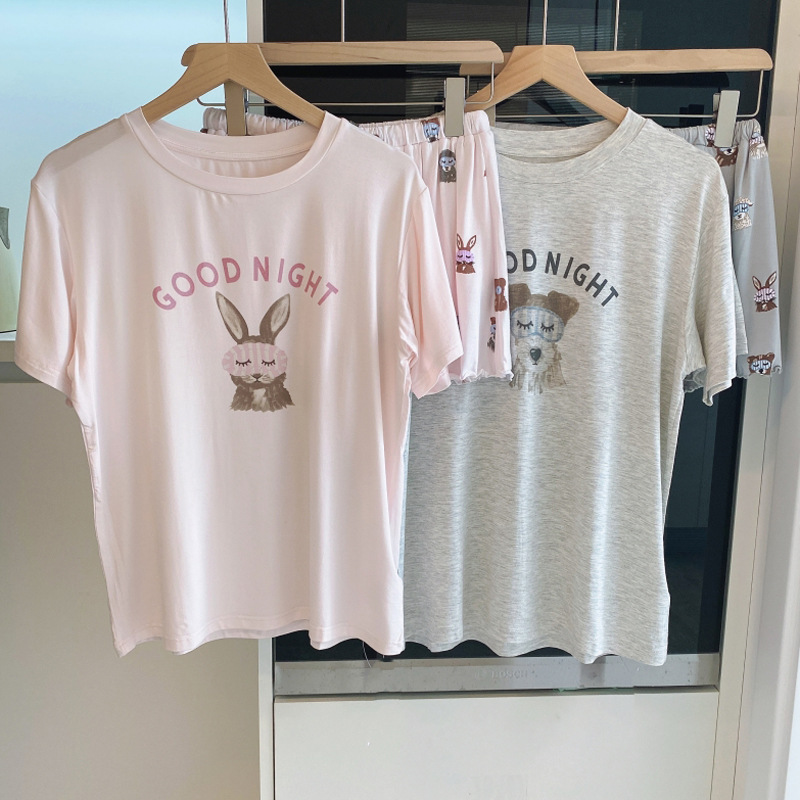 Japanese-Style Summer Pajamas for Women, Modal Cute Cartoon Rabbit and Puppy Short-Sleeve Shorts Women's Loungewear Set