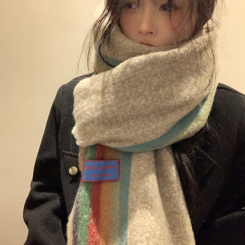 Long Rainbow Striped Mohair Scarf For Women Winter Warmth_voghion.com