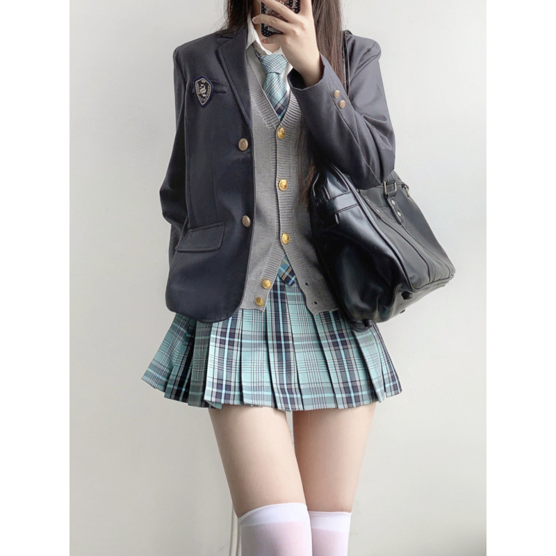 JK制服西装格裙套装校供感百褶裙多种搭配纯色西服