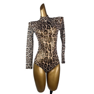 Latin Dance Clothes Female Adult Leopard Print Mesh Printed Jumpsuit Female Long Sleeve High Collar Dancing Professional Top Practice Clothes
