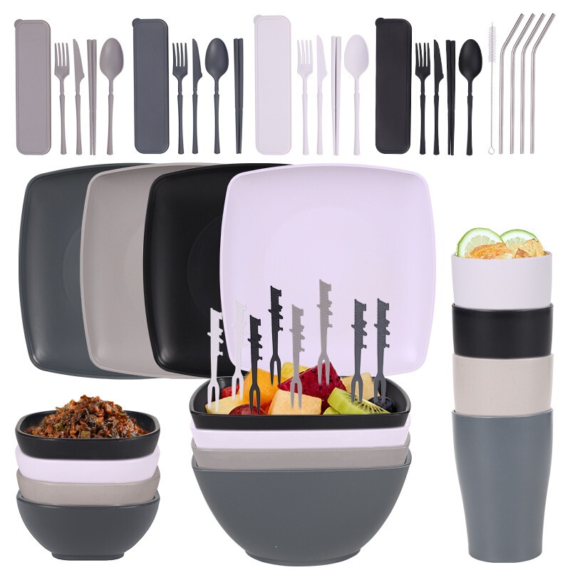Cross-border Amazon wheat straw square dinner plate, bowl, cup, cutlery, spoon, straw, outdoor tableware set