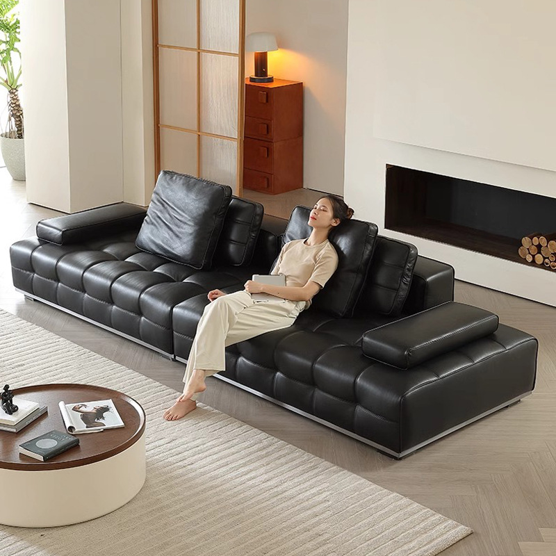 Lawrence sofá de cuero, sala de estar, sofá de línea alta, sofá de cuero minimalista italiano, negro