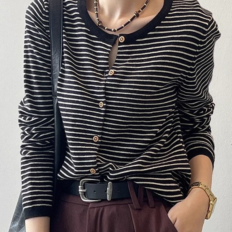 春秋新款条纹针织开衫外套女设计感小众上衣外搭薄款圆领长袖毛衣|undefined