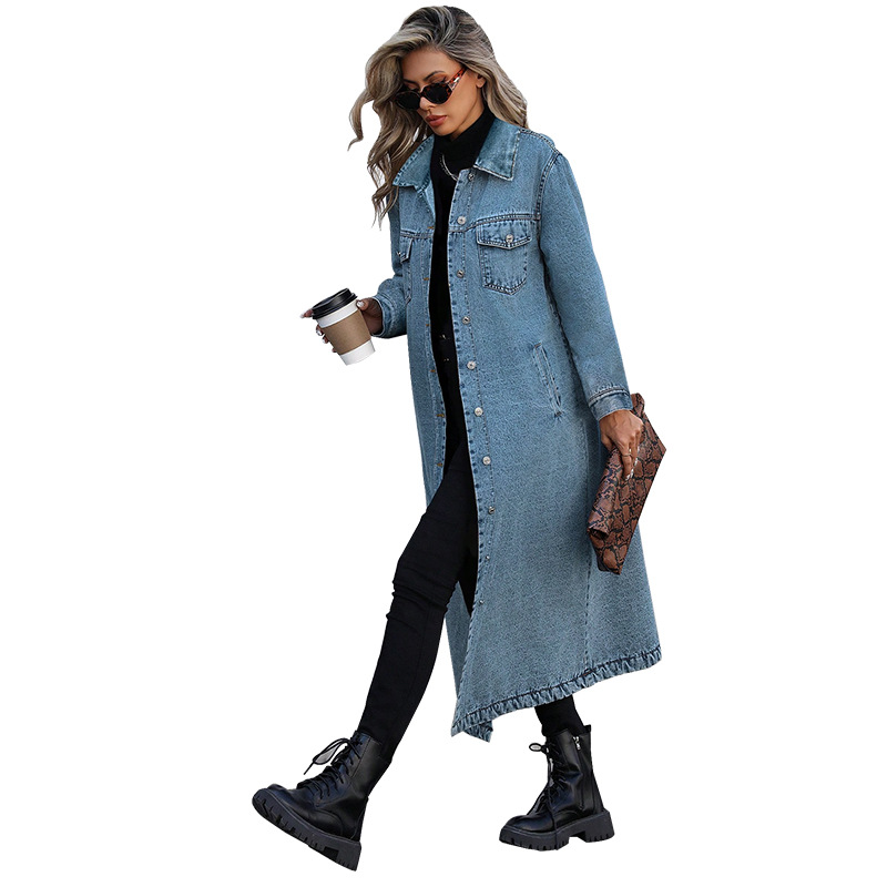 Elegant Long Denim Coat For Women, Mid Blue And Black Trench Style Jacket, Versatile Career Outerwear For Fall_ecoleips.com