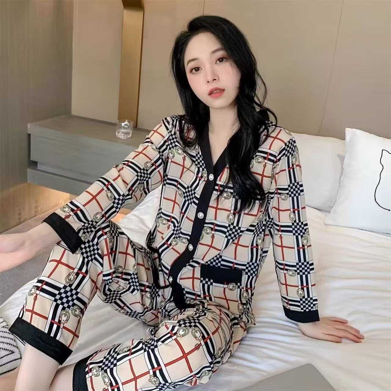 Pijama de mujer primavera y otoño 2025, nuevos pantalones de mangas largas, cardigans, set de ropa de casero de algodón suelta