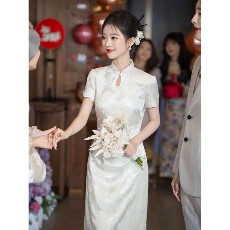 Vintage High-end Elegant Improved Cheongsam Women's Summer New Short-sleeved White New Chinese-style dress Engagement Dress Vintage High-end Elegant Improved Cheongsam Women's Summer New Short-sleeved White New Chinese-style dress Engagement Dress