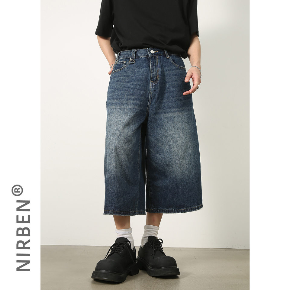 Quần short denim nam ống thẳng dáng suông giặt làm cũ — Denim thô màu xanh, Làm cũ, Màu trắng, Màu đen thô