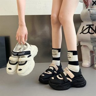 Summer daddy shoes for women 2024 new mesh breathable hollow Velcro closed toe platform height increasing sports sandals