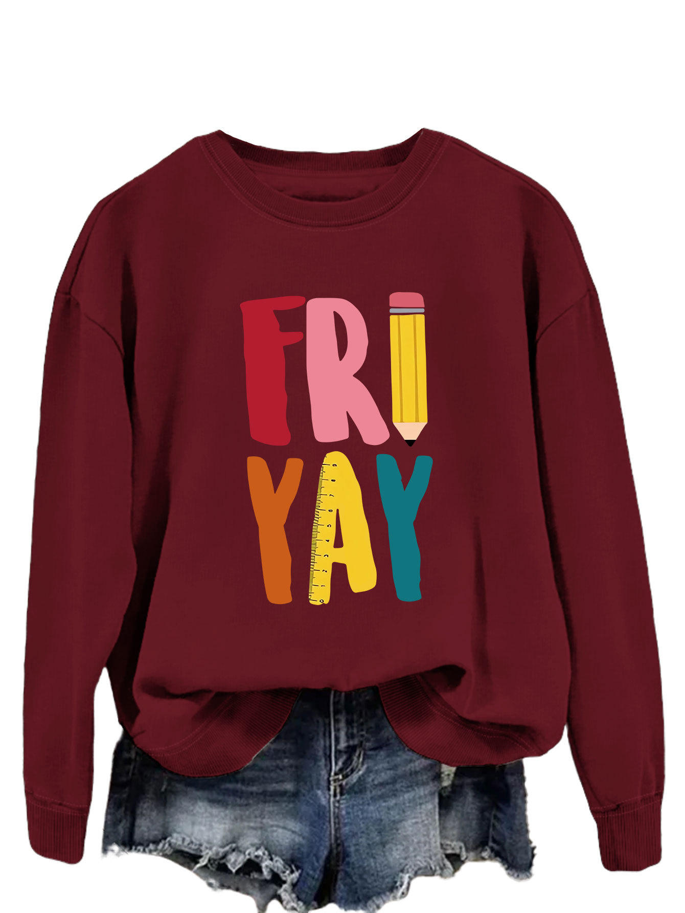 Estación independiente de moda Suelta todo fósforo superior FRI YAY lápiz divertido carta de impresión camisa de manga larga de las mujeres suéter