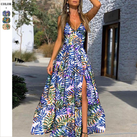 2024 Cross-border Summer European and American Women's Wish dress V-neck Sling Printed Leaves Beach Holiday Split Dress