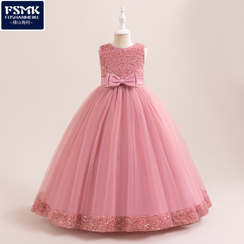Europa y los Estados Unidos nuevos vestidos de niños sequinado y la ropa de la princesa de la hija de malla de la cama de la niña preside el piano