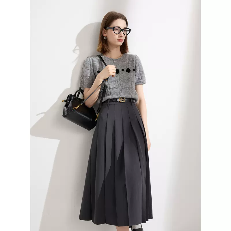 厂家批发2025春秋季西装半身裙百褶裙学院灰色中长高腰a字小个子