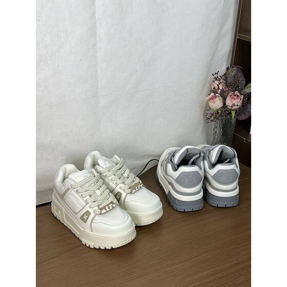Bamu Show 2025 Spring New Chubby Ding Thick-soled Elevated White Shoes Women's Casual Sports Board Shoes Leather Bread Shoes
