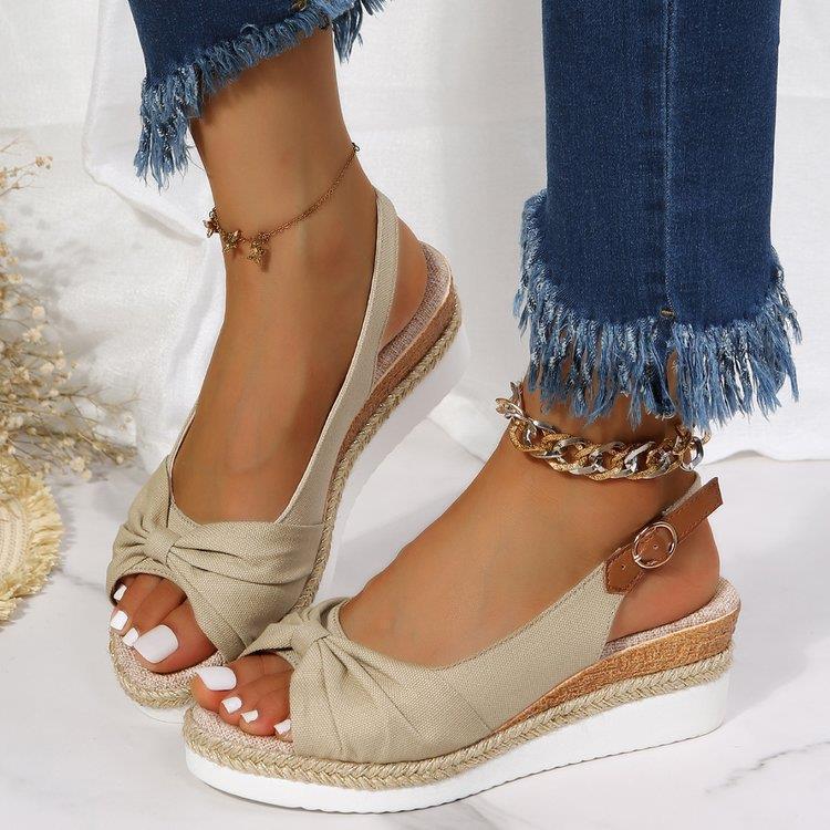 2022 Amazon Cross-Border Sandals Large Size Hemp Rope Bowknot Wedge Heel Single Strap Women's Shoes Professional Style