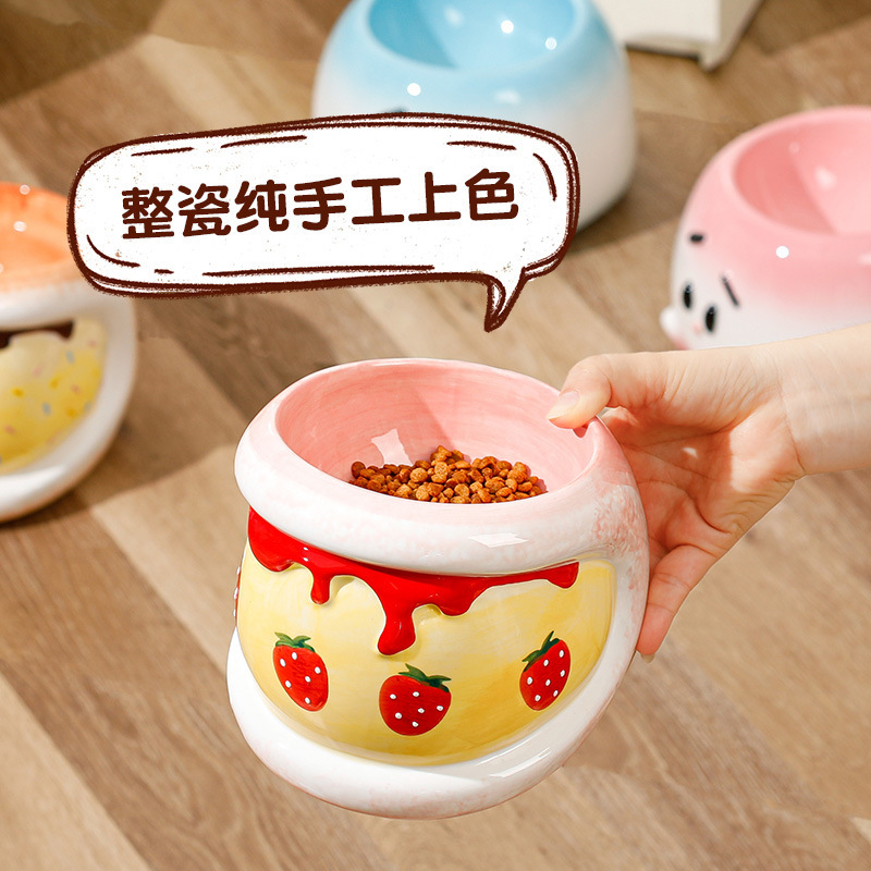 新しいかわいいペットボウル、イチゴチョコレートネックプロテクター、高めの足、転倒防止、黒あご防止、猫用の飲料水とご飯のボウル|undefined