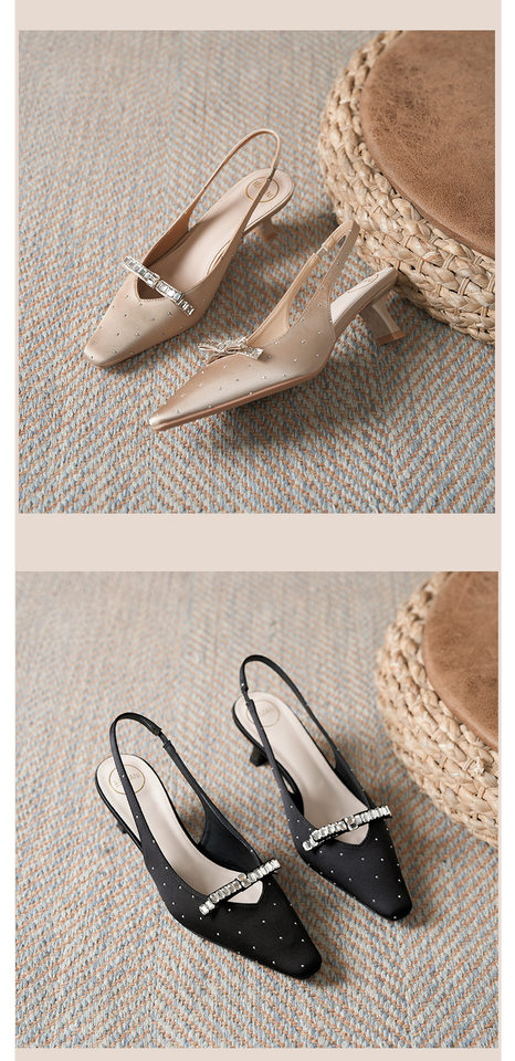 Sandal nữ bít mũi hở gót chất liệu satin đính đá, gót vuông thấp 3–6 cm — Màu be, Màu hồng nhạt, màu đen chi tiết 8