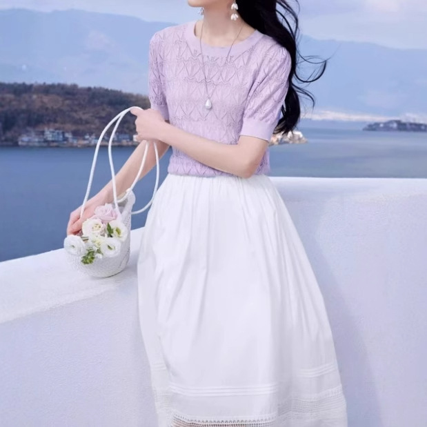 Thin Knitted Knitwear Women's Short-Sleeved 2025 Summer New T-Shirt Cut Out Round Neck Gentle Light Top M85S11266