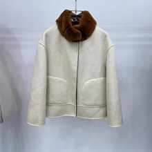 2025欧美新款秋冬双面羊绒补可拆卸真獭兔毛领短款双面呢外套