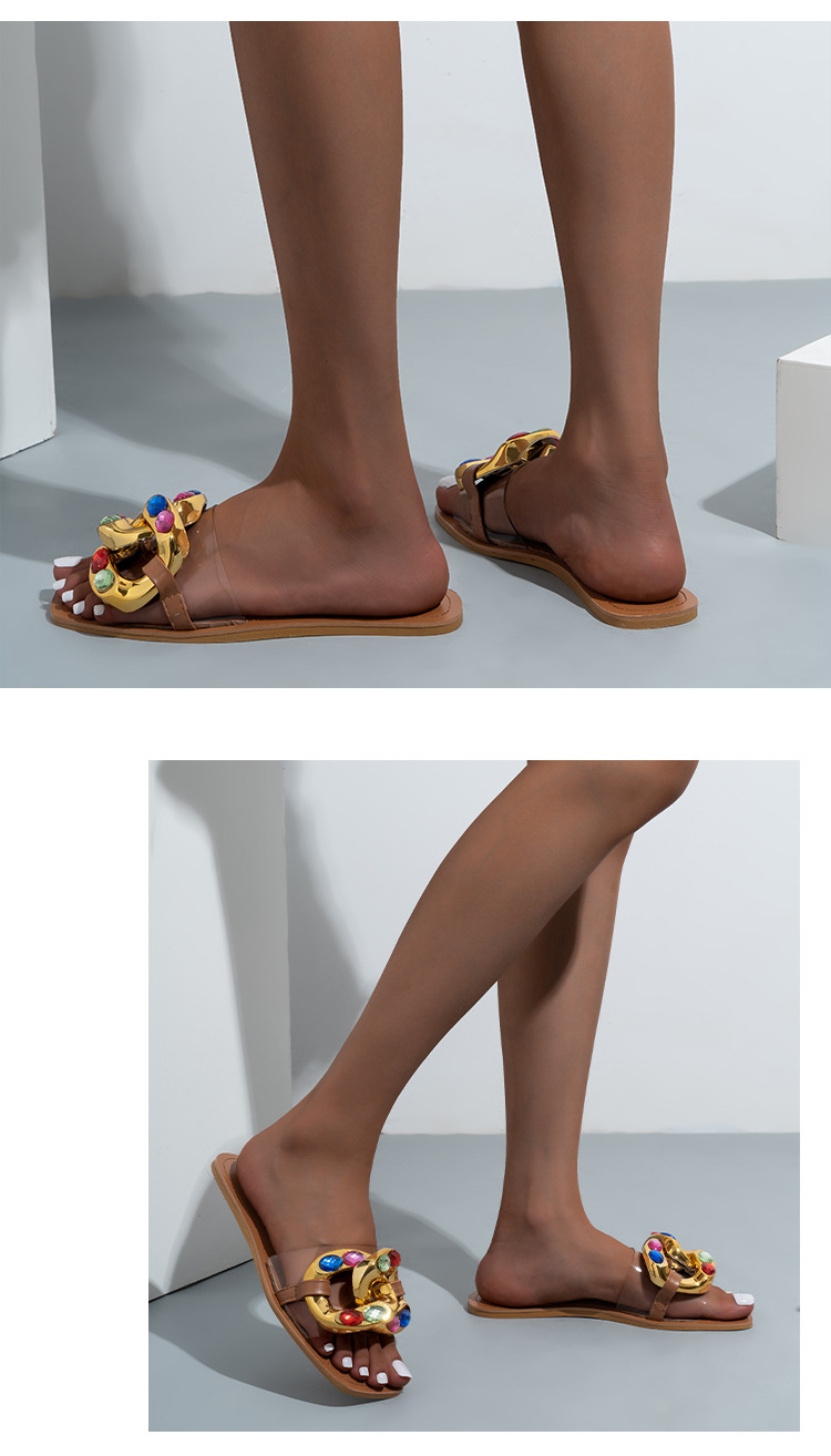 Ciabatte Cross Border Nuovi sandali piatti da donna con strass color caramello Pantofole trasparenti con fibbia in metallo moda femminile_voghion.com