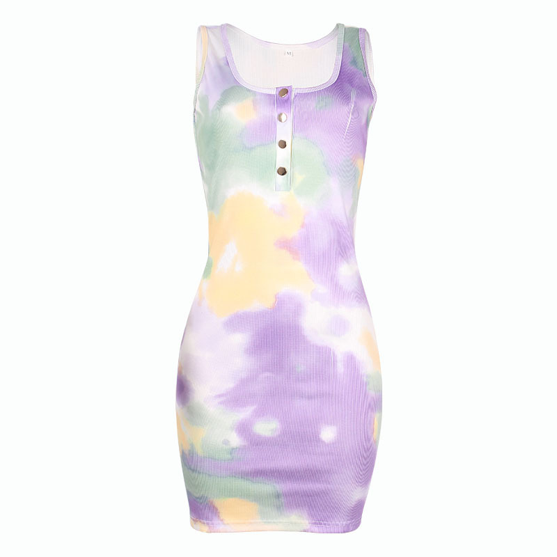 wholesale women s clothing Nihaostyles tie-dye printing round neck sleeveless slimming dress NSKX65568