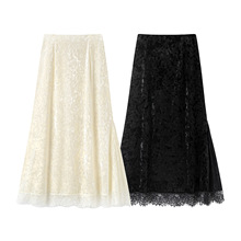 2025秋冬新款新中式国风丝绒蕾丝边半身裙女中长款包臀A字裙