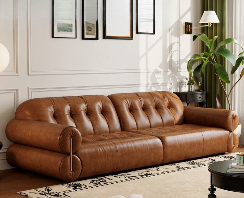 Retro Style Oil Wax Leather Sofa Small Apartment Living Room Home Apartment Antique Style Old Brown Straight Row French Sofa