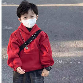 男童秋冬装加绒加厚连帽卫衣2025新款男宝宝新年休闲运动红色卫衣