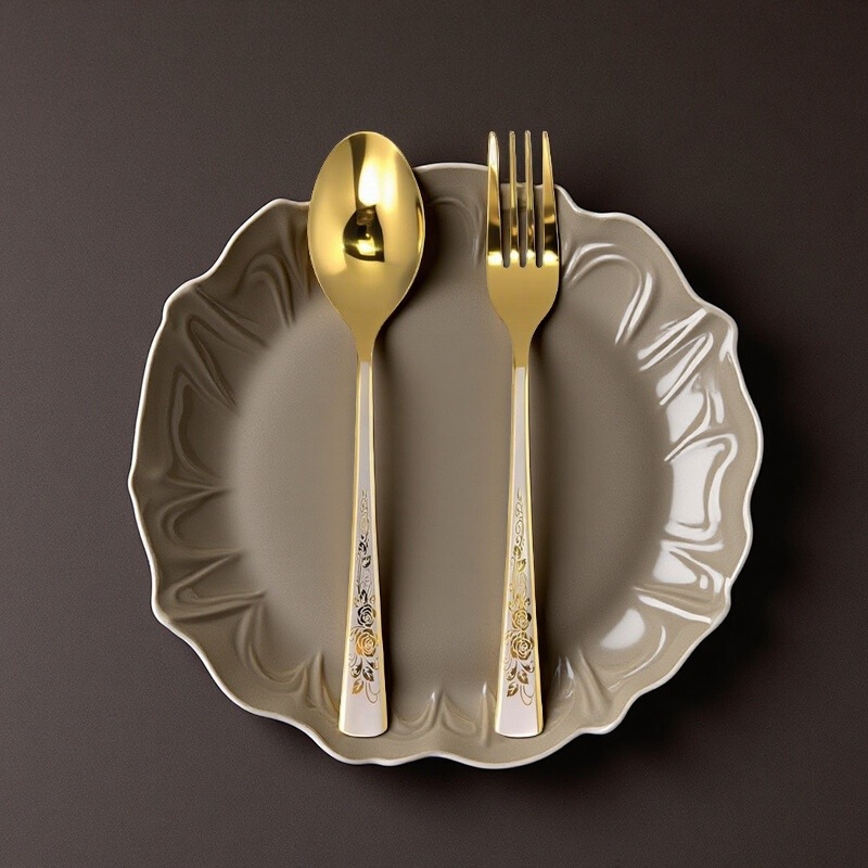 Patterned Stainless Steel Western Tableware Creative Handle Knife, Fork, and Spoon Set Western Restaurant Hotel Tableware Cross-Border Wholesale Western Style