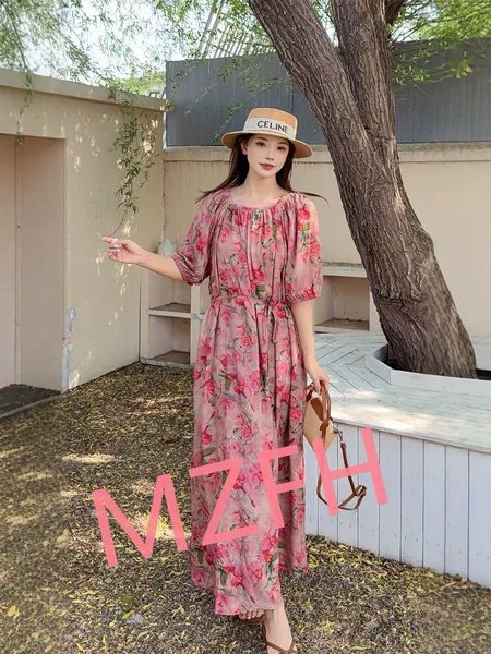 Cotton Silk Dress for Women 2026 New Summer Floral One-Shoulder Long Dress Slimming Waist-Cinching Plus-Size Rayon Beach Dress