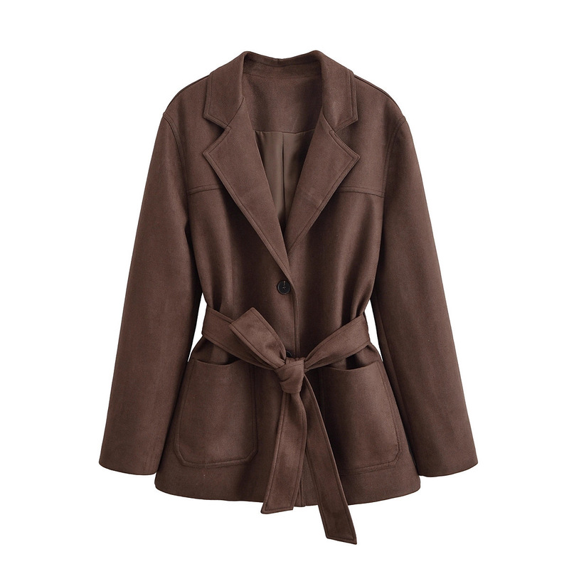 European and American Style Foreign Trade Cross-Border Women's Autumn New Commuter Casual Tops Suede Suit Collar Belt Windbreaker European and American Style Foreign Trade Cross-Border Women's Autumn New Commuter Casual Tops Suede Suit Collar Belt Windbreaker