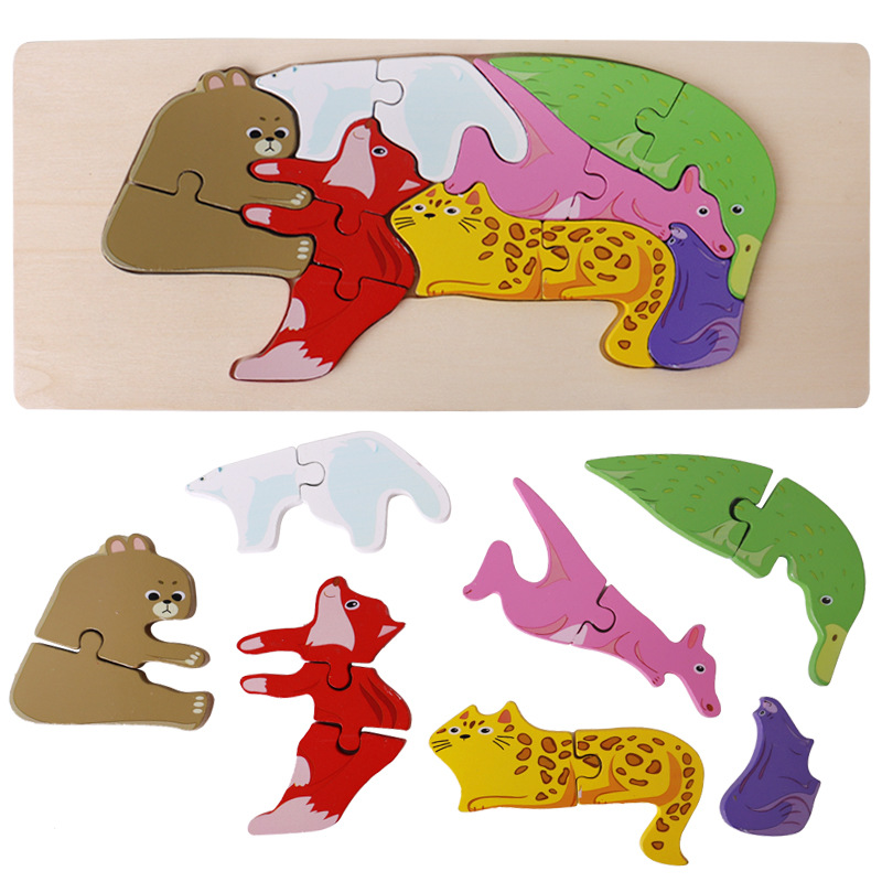 Juguete de madera animal dinosaurio rompecabezas tablero mano agarre tablero niños educación temprana rompecabezas 3D madera al por mayor