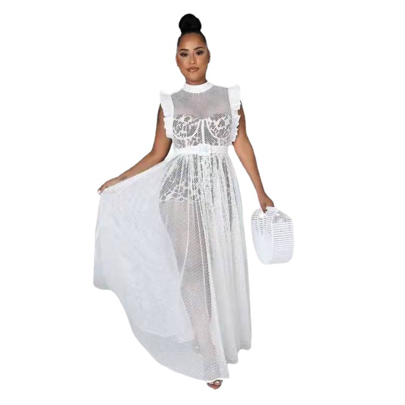 Conjunto de dos piezas con mangas de malla con volantes, vestido elegante y con estilo de manga corta, adelgazante y elegante, talla grande.