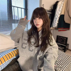 美式重磅连帽卫衣女秋冬新款数字格子印花慵懒风宽松长袖帽衫上衣