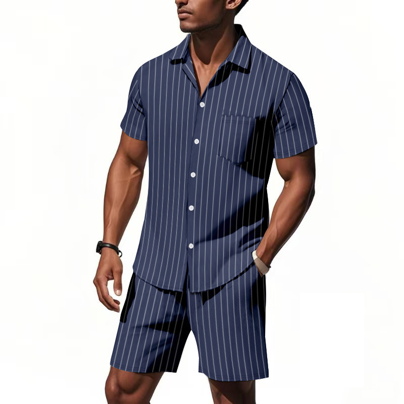 Traje de lino de verano de Amazon transfronterizo Camisa de manga corta suelta jacquard a rayas para hombre Pantalones cortos de playa de dos piezas