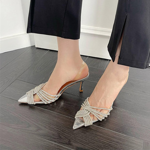 French Small Sandals Stiletto silver Factory Wholesale Sexy Rhinestone Fashion Shallow Open Pointed Toe Transparent High Heels
