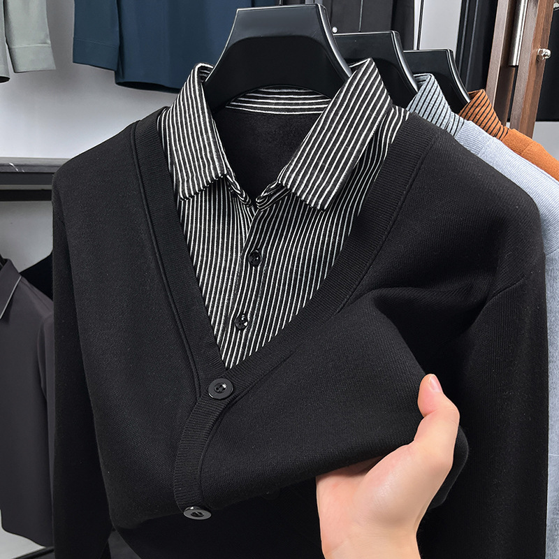 Men's Long-Sleeved Spliced ​​Fake Two-Piece Polo Shirt 2025 Autumn and Winter New Style Fleece-Lined Thickeneded Sweater Top for Young and Middle-Aged People