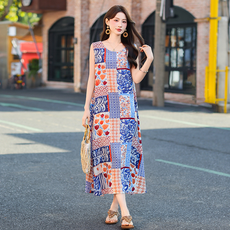 Cotton Silk Mom's Summer Dress for Middle-Aged and Elderly Women Plus Size 100kg Loose Rayon Sleeveless New Style Dress