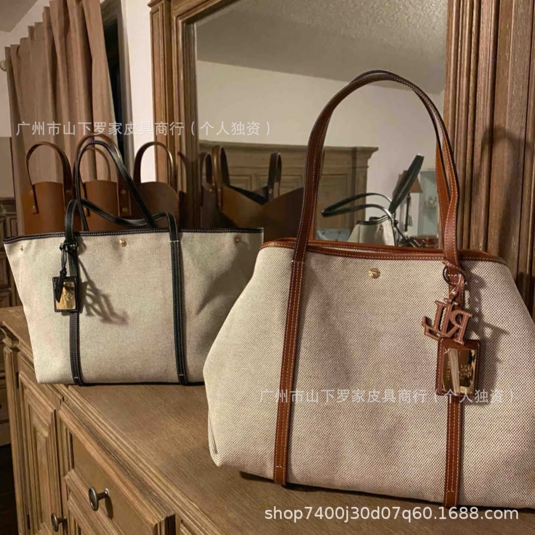Cross-Border New Emerie Canvas Leather Tote Bag Fashion Elegant Women's Lauren Shopping Bag - Thumbnail 3