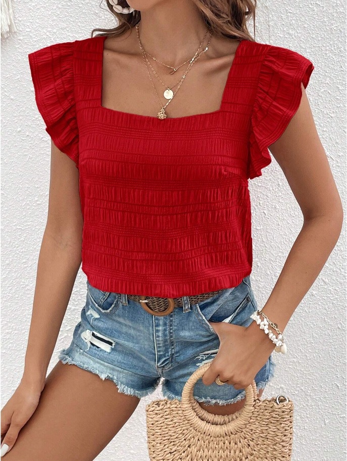 Women's T-shirt Short Sleeve Blouses Ruffles Simple Style Solid Color display picture 2